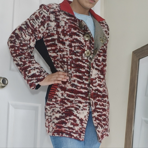 Deborah Cross Sz Lare Wool Red Black Collared Button Up Jacket Textile Artist - Picture 8 of 8
